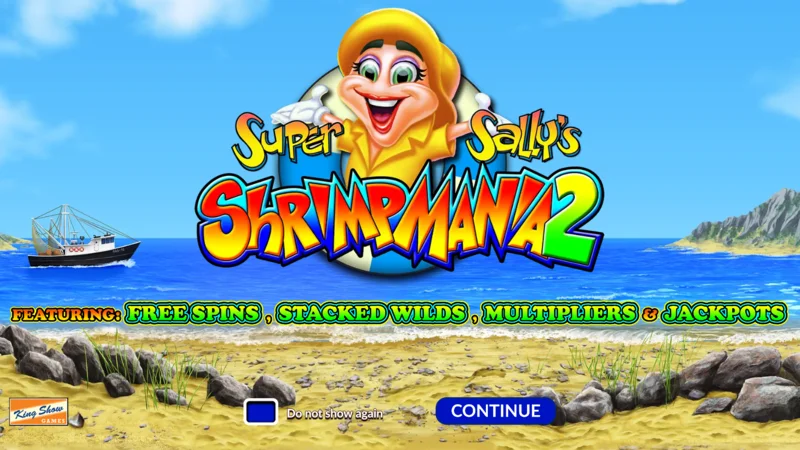 Super Sally's Shrimpmania 2 – Hauptbildschirm mit 5×4 Walzen und 40 Gewinnlinien-Raster